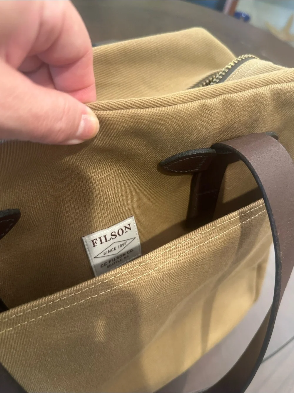 Filson Tan Canvas Laptop Briefcase with Brown Leather Straps